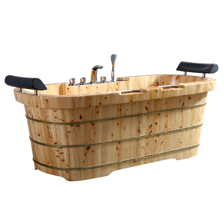 ALFI BRAND 65" 2 Person Free Standing Cedar Wooden Bathtub W/Fixtures & Headrests AB1130